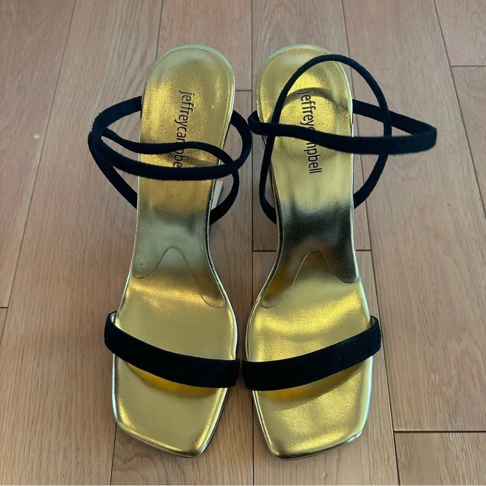 Jeffrey Campbell Geometric High Heel Sandals Size 9.5 Black & Gold Inverted Heel - Picture 3 of 7